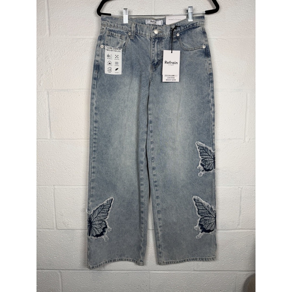 Refrain Butterfly Embroidered Baggy Jeans 5/27 Low Rise Wide Leg Y2K NWT